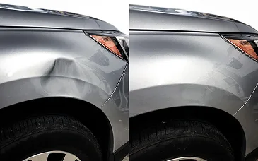 Fender dent before and after paintless dent repair